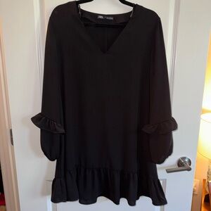 Zara Black V-Neck Ruffle Shift Dress